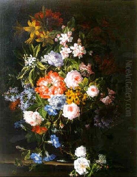 Still Life With Flowers In A Glass Vase On A Stone Ledge Oil Painting by Jean-Baptiste Monnoyer