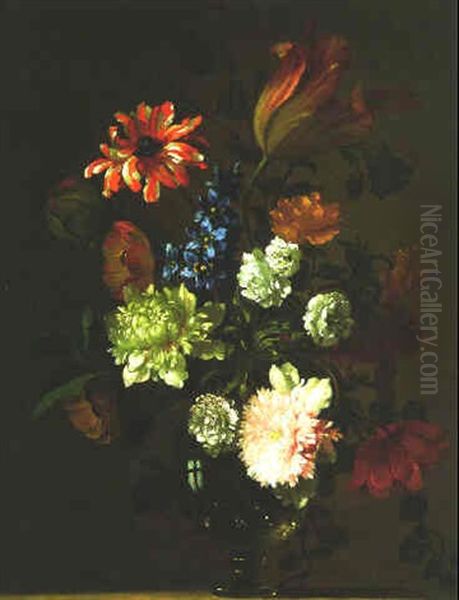 Still Life Of Flowers In A Glass Vase On A Plinth Oil Painting by Jean-Baptiste Monnoyer