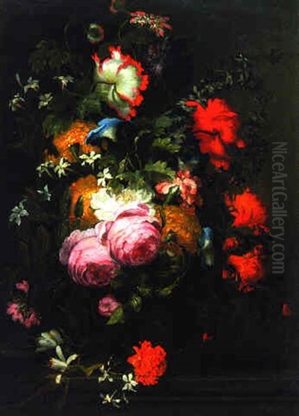 Flowers In An Urn On A Ledge Oil Painting by Jean-Baptiste Monnoyer