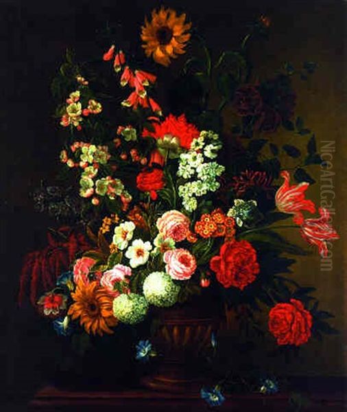 Roses, Sunflowers, Carnations, Tulips And Other Flowers In An Urn On A Table by Jean-Baptiste Monnoyer