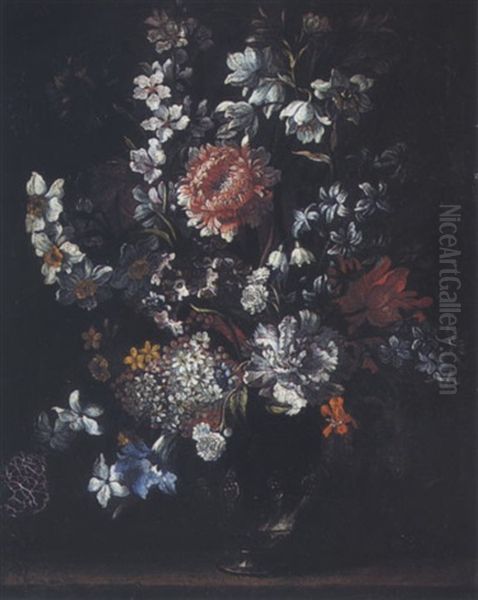 Still Life Of Chrysanthemums, Hyacinths And Other Flowers In A Glass Vase Oil Painting by Jean-Baptiste Monnoyer