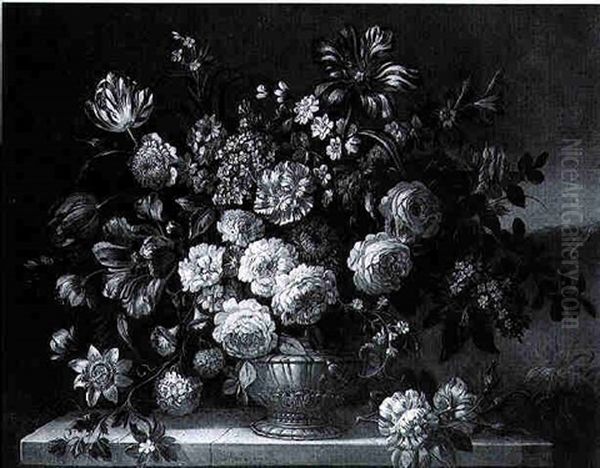 Still Life Of Peonies, Roses And Other Flowers In A Bronze Vase On A Stone Ledge Oil Painting by Jean-Baptiste Monnoyer