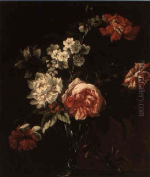 Roses, Tulips And Carnations In A Glass Vase On A Ledge by Jean-Baptiste Monnoyer