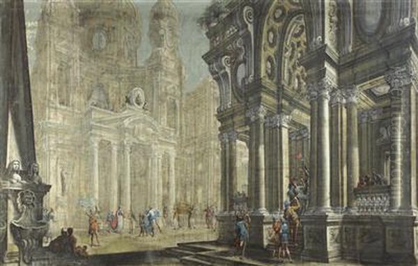 Architectural Capriccio With Scenes From The Life Of David Oil Painting by Ferdinando Galli Bibiena