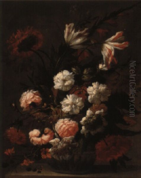 Still Life Of Roses, Tulips And Other Flowers In A Glass Vase Oil Painting by Jean-Baptiste Monnoyer