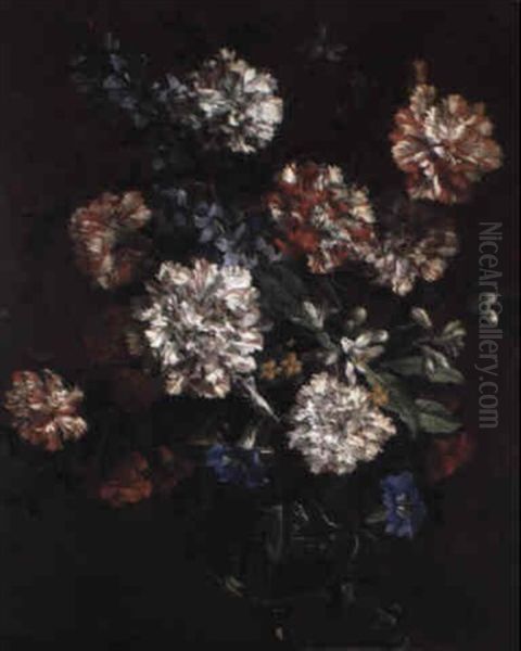 Bouquet De Fleurs Dans Un Vase En Verre Sur Un Entablement Oil Painting by Jean-Baptiste Monnoyer