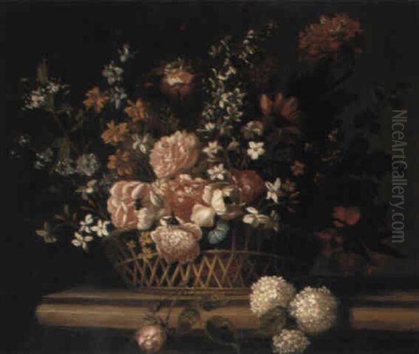 Flowers In A Basket On A Ledge Oil Painting by Jean-Baptiste Monnoyer