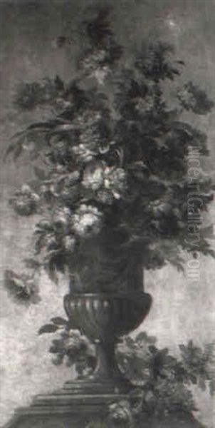 Flowers In A Sculpted Urn On A Pedestal Oil Painting by Jean-Baptiste Monnoyer