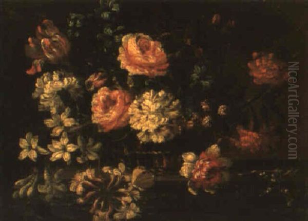 Still Life Of Roses And Other Flowers In A Basket On A Ledge Oil Painting by Jean-Baptiste Monnoyer