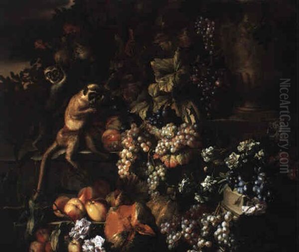 Still Life Of Grapes, Peaches, Melons Cascading Over A Ledge With Monkeys Oil Painting by Jean-Baptiste Monnoyer