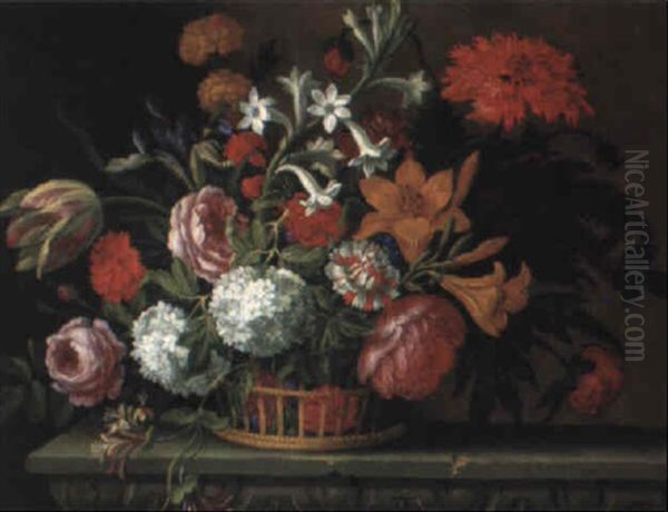 Corbeille De Fleurs Sur Un Entablement De Pierre Sculptee Oil Painting by Jean-Baptiste Monnoyer