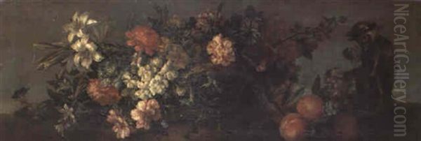 Lilies, Carnations And Other Flowers In A Basket Oil Painting by Jean-Baptiste Monnoyer