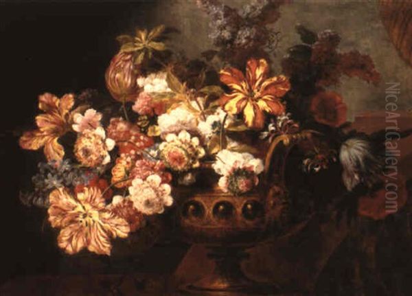 A Still Life Of Flowers In A Gilt Vase On A Basulstrade Oil Painting by Jean-Baptiste Monnoyer