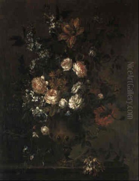 Roses, Hyacinth, Honeysuckle, Morning Glory And Others In An Urn On A Ledge Oil Painting by Jean-Baptiste Monnoyer