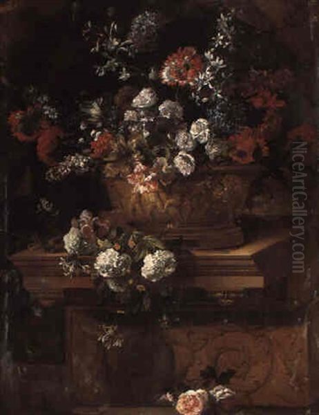 Flowers In A Sculpted Urn On A Plinth In A Draped Portico Oil Painting by Jean-Baptiste Monnoyer