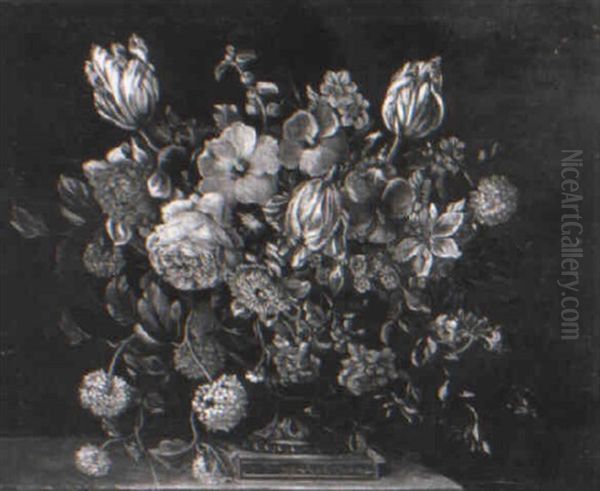 Tulips, Peonies, Roses And Other Flowers In A Sculpted Urn On A Ledge Oil Painting by Jean-Baptiste Monnoyer