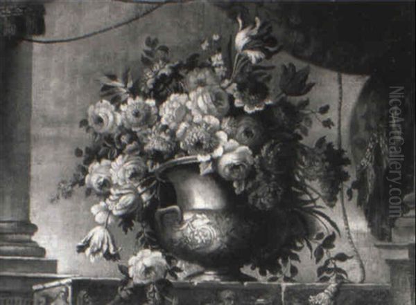 Flowers In An Urn On A Sculpted Ledge Oil Painting by Jean-Baptiste Monnoyer