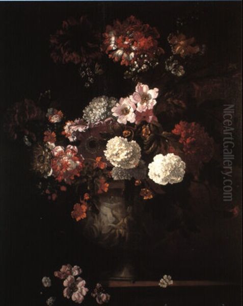 Carnations And Other Flowers In An Urn On A Stone Ledge Oil Painting by Jean-Baptiste Monnoyer