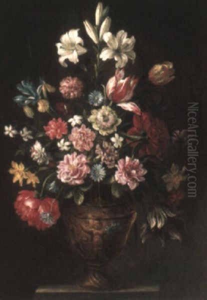 Still Life Of Tulips, Roses And Other Flowers In An Elaborate Urn Oil Painting by Jean-Baptiste Monnoyer