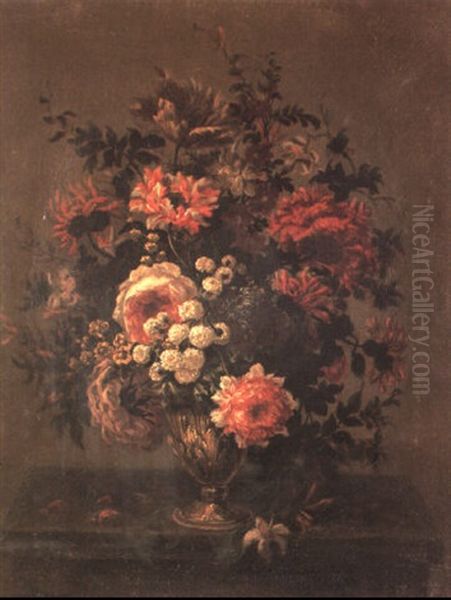 Still Life Of Roses, Tulips And Other Flowers In A Vase On A Stone Plinth Oil Painting by Jean-Baptiste Monnoyer