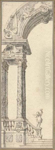 Design For A Half-arch With Composite Columns And A Statue Of Cupidholding Arrowheads Oil Painting by Ferdinando Galli Bibiena