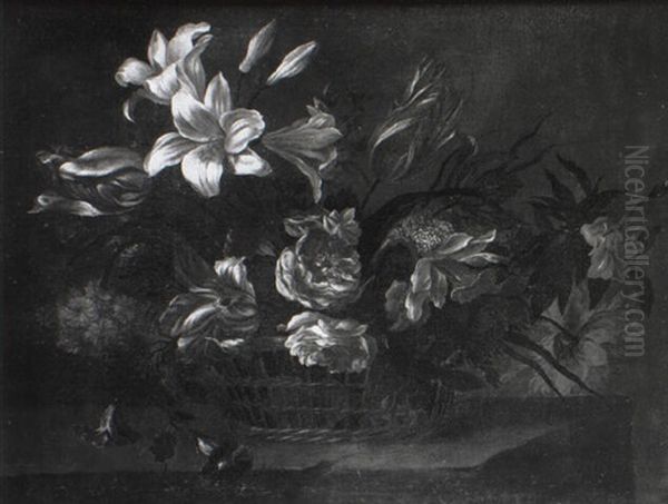 Lilies And Other Flowers In A Basket On A Ledge Oil Painting by Jean-Baptiste Monnoyer