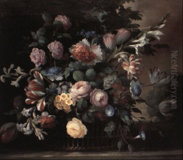 Roses And Other Flowers In A Wicker Basket On A Stone Ledge Oil Painting by Jean-Baptiste Monnoyer