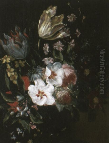 Tulips And Other Flowers In A Vase On A Ledge Oil Painting by Jean-Baptiste Monnoyer