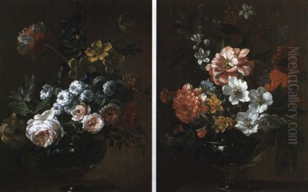 Vases De Fleurs Sur Un Entablement Oil Painting by Jean-Baptiste Monnoyer