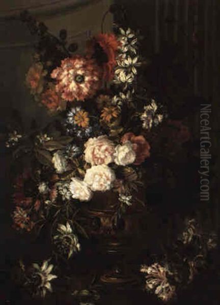 Still Life Of A Bouquet Of Flowers In An Urn On A Stone Table Oil Painting by Jean-Baptiste Monnoyer