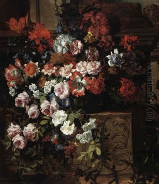 Still Life Of Flowers In A Bowl On A Carved Stone Ledge Oil Painting by Jean-Baptiste Monnoyer