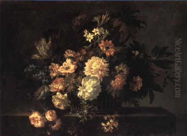 Still Life Of Flowers In Basket On Ledge Oil Painting by Jean-Baptiste Monnoyer