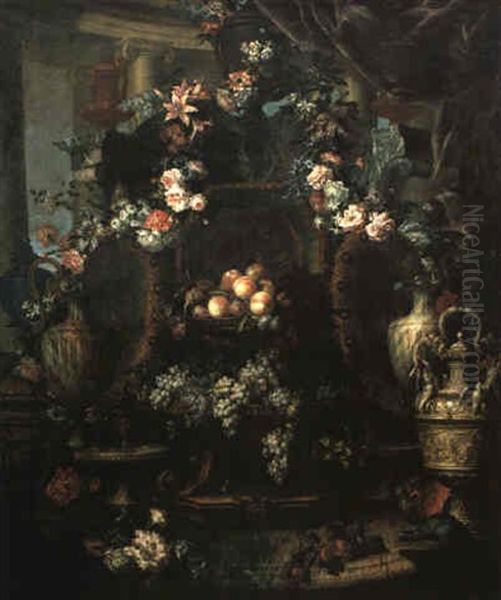 Ornate Still Life With Urns And Garlands Of Flowers On Table Oil Painting by Jean-Baptiste Monnoyer