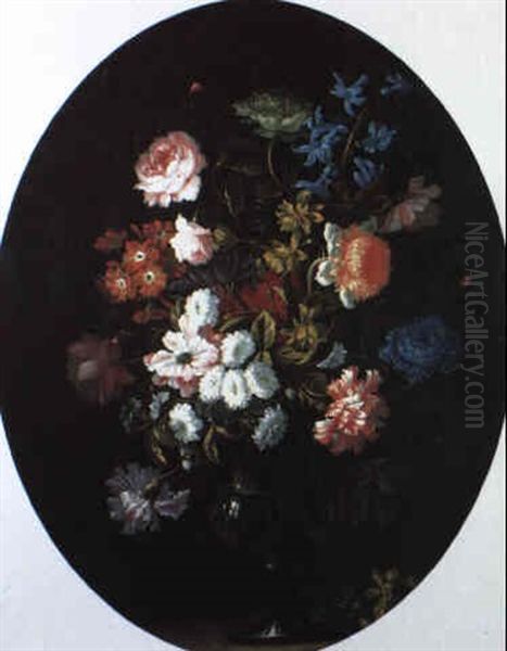 Still Life With Roses And Other Flowers In A Vase On A Ledge Oil Painting by Jean-Baptiste Monnoyer