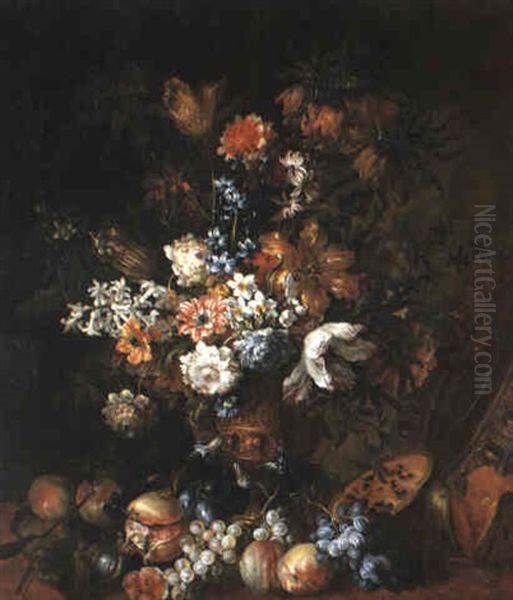 Flowers In An Urn With Melons, Grapes, Peaches, Plums And A Pomegranate Oil Painting by Jean-Baptiste Monnoyer