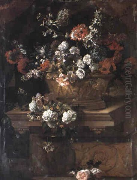 Flowers In A Sculpted Urn On A Plinth In A Draped Portico Oil Painting by Jean-Baptiste Monnoyer