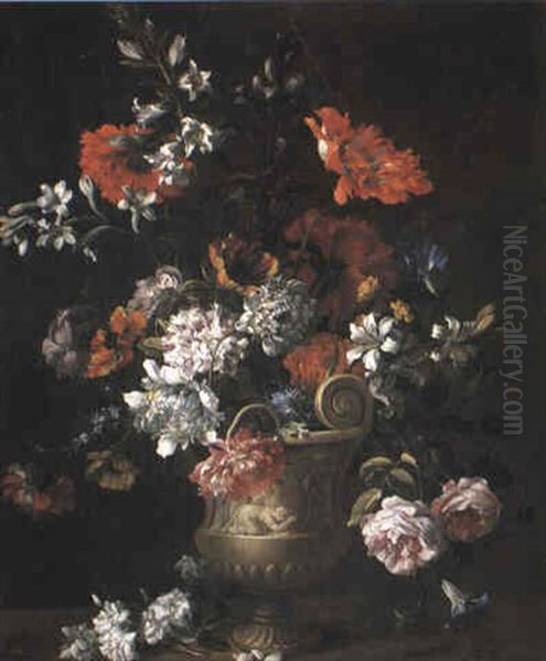 Flowers In A Sculpted Urn On A Ledge Oil Painting by Jean-Baptiste Monnoyer