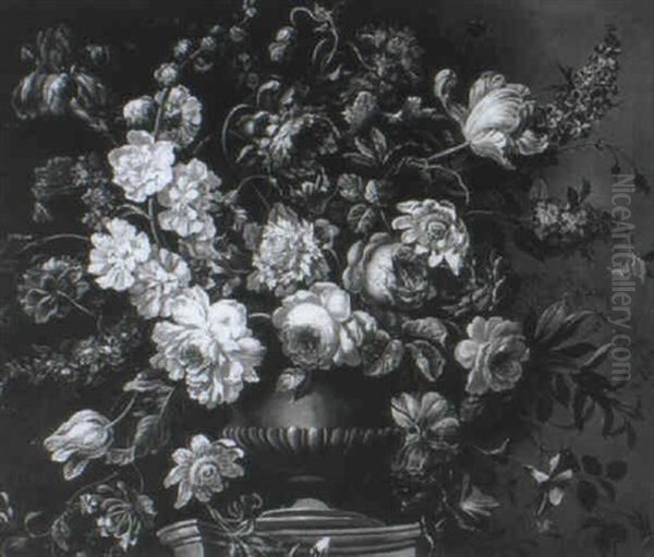 Roses, Carnations, Iris, Morning Glory And Other Flowers In An Urn On A Plynth Oil Painting by Jean-Baptiste Monnoyer