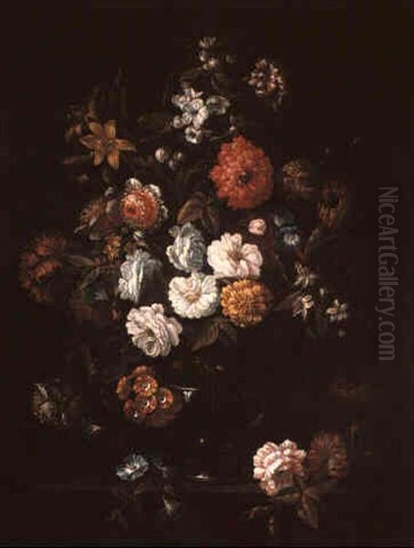 Stilllife Of Flowers In A Glass Vase On A Stone Plinth Oil Painting by Jean-Baptiste Monnoyer