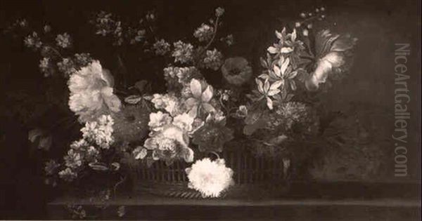 Still Life Of Flowers In A Wicker Basket Upon A Ledge Oil Painting by Jean-Baptiste Monnoyer