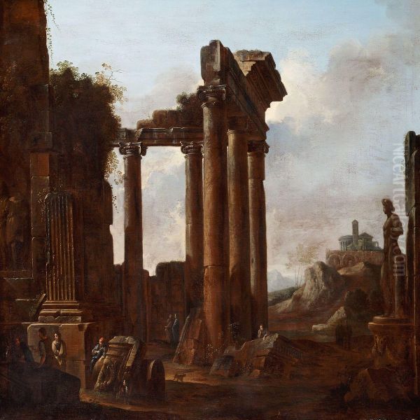 Italian Landscape With Antique Ruins Oil Painting by Ferdinando Galli Bibiena