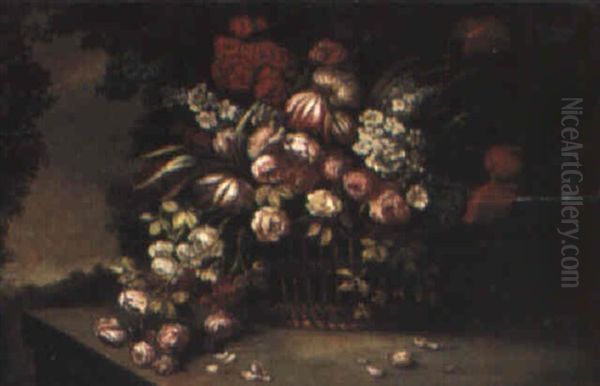 Still Life Of Flowers In A Basket On A Stone Plinth Oil Painting by Jean-Baptiste Monnoyer