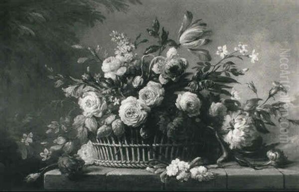 Roses, Peonies, Tulips And Other Flowers In A Basket On A   Ledge Oil Painting by Jean-Baptiste Monnoyer