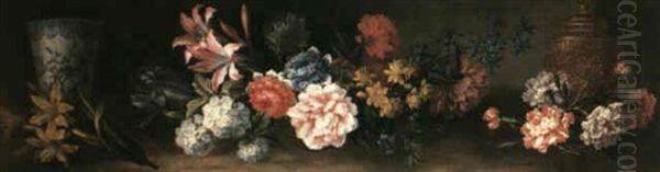 A Still Life With A Cluster Of Flowers Including Lilies,    Morning Glory, Carnations, Peonies And Lilac Strewn On The Oil Painting by Jean-Baptiste Monnoyer