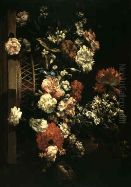 A Still Life Of A Basket Of Assorted Flowers Including      Roses, Peonies, Gardenias And Hyacinths Upon A Stone Ledge, Oil Painting by Jean-Baptiste Monnoyer