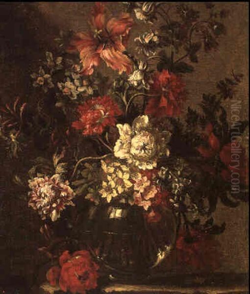 Bouquet De Fleurs Dans Un Vase En Verre Oil Painting by Jean-Baptiste Monnoyer