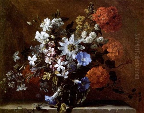 Vase De Fleurs Sur Un Entablement De Pierre Oil Painting by Jean-Baptiste Monnoyer