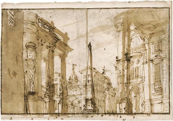 Architekturcapriccio, Mit Drei Saulen Links Oil Painting by Francesco Galli Bibiena