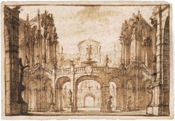 Architekturcapriccio. Reich Dekorierte Vorhalle Eines Schlosses Oil Painting by Francesco Galli Bibiena