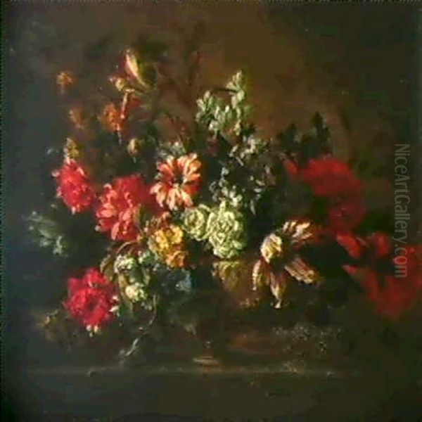 Composition Florale Dans Une Urne Sculptee Posee Sur Un     Entablement De Pierre Oil Painting by Jean-Baptiste Monnoyer